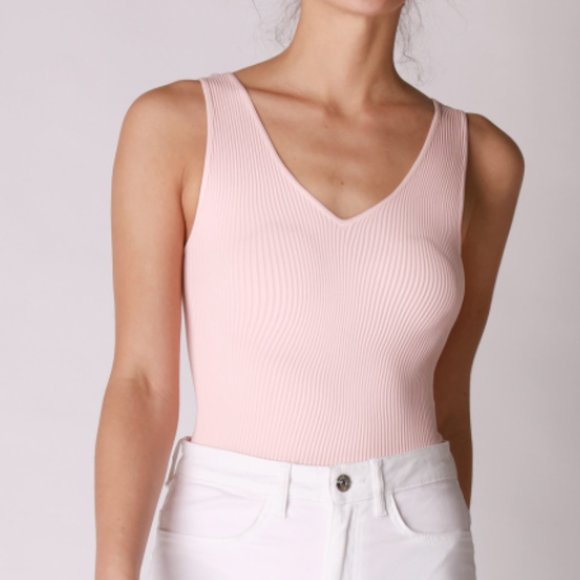 Pink Ribbed Thong V Neck Bodysuit - Picture 3 of 5